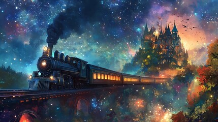 Wall Mural - Fantasy Train Journey to a Castle Under the Stars