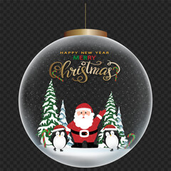 Wall Mural - Christmas ball decorations with Santa Claus,Penguin with snow falling,xmas bubble ball with snowy,Vector illustration 3D design Christmas decorations for Winter background,New Year 2025 greeting card