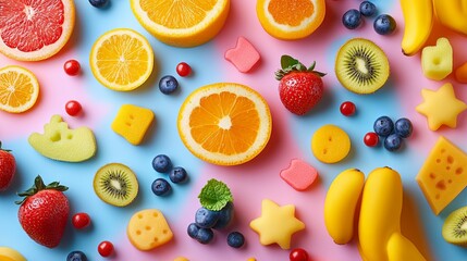 Colorful Fruit and Candy Arrangement on a Pink and Blue Background