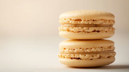 Two golden macarons with creamy filling, close up.