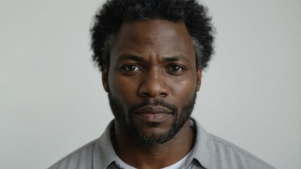 adult black hair subsaharan african man in gray shirt model portrait standing straight on a plain white background for ad concept space for text