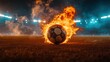 © Lexyat - A soccer ball engulfed in flames sits on a field with stadium lights in the background.