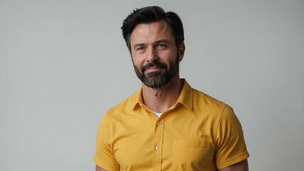 adult black hair caucasian man in yellow shirt model portrait standing straight on a plain white background for ad concept space for text