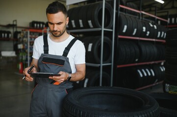 confident mechanic man checking characteristics of tyre in auto service shop