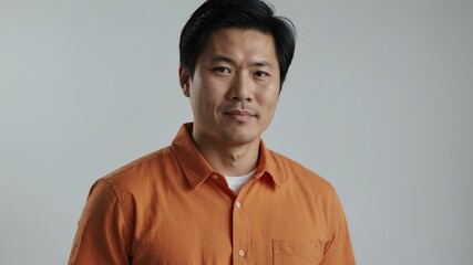 adult black hair asian man in orange shirt model portrait standing straight on a plain white background for ad concept space for text