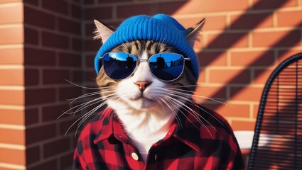 Wall Mural - a cat wearing a blue hat and sunglasses is wearing a plaid shirt.