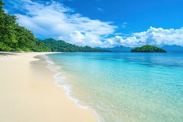 A pristine white sand beach with turquoise water lapping the shore under a clear blue sky.