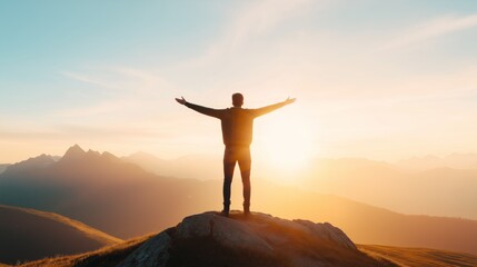 Person enjoying a breathtaking sunrise on a mountain peak while spreading arms in a gesture of gratitude and joy.