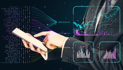 Wall Mural - Close up of businessman hands using cellphone with creative glowing business chart and ai binary code nodes on blurry background. Virtual marketing and finance concept. Double exposure.