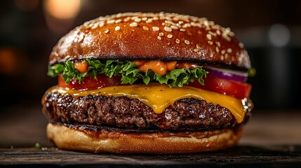 Close-up of a Juicy Cheeseburger with Lettuce, Tomato, and Onion