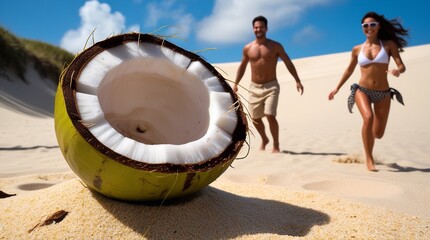 a man and a woman walk along the sand, a coconut lies in front of them in close-up