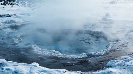 A spring of hot water with ice steam up into the colder air around it