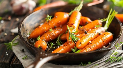 Wall Mural - On an oak table toast baby carrots in an old pan with spice