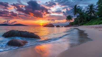 A stunning sunrise over a tropical beach with palm trees, rocks, and the ocean.