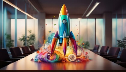 Colorful rocket launch symbolizing creative bus start up in meeting room