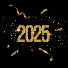 Wall Mural - 2025 Happy New Year greeting card vector template. Festive Christmas square social media banner design with congratulations. Golden numbers with confetti realistic illustration on black background.