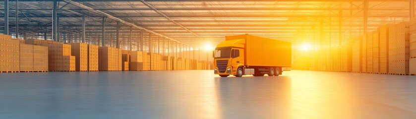 Yellow Semi Truck Inside Warehouse with Cardboard Boxes