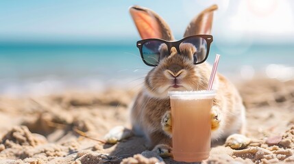 Wall Mural - On the beach a bunny wearing sunglasses sip a beverage