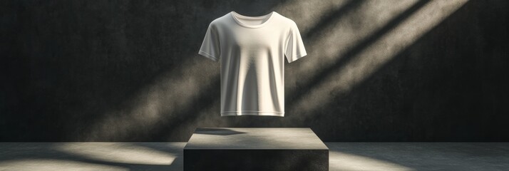 Sticker - Modern Minimalist Fashion White T-Shirt Displayed on Pedestal Under Dramatic Lighting