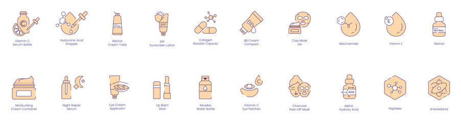 Sticker - Skincare Essentials Icons: Vitamin C, Hyaluronic Acid, Retinol, SPF, Collagen, BB Cream, Face Mask, Niacinamide, Vitamin E, Moisturizing Cream, Night Repair Cream, Eye Cream, Lip Balm, Charcoal