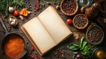 Open recipe book with various fresh ingredients spread around on a rustic wooden table, creating a warm, inviting kitchen scene.