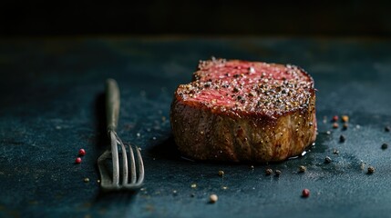 Wall Mural - Perfectly seared beef steak with a fork placed beside it, served on a dark background. Focus on the texture and mouth-watering detail.