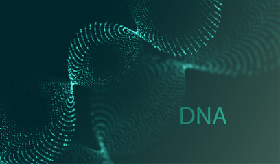 Artificial Intelligence DNA particle waves future connect innovation vector design. Big data biology dna molecule background. Technology ai green particles dots banner.