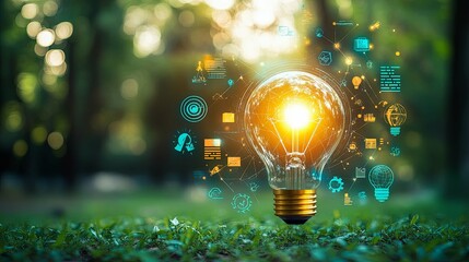 Wall Mural - illuminated lightbulb with network of connected ideas in nature