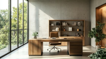 Wall Mural - Simple office design with a wooden desk, concrete walls, and an organized bookcase. Panoramic windows open to a bright, airy space.