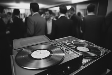 Vintage turntable with blurred background of people dancing at a party.