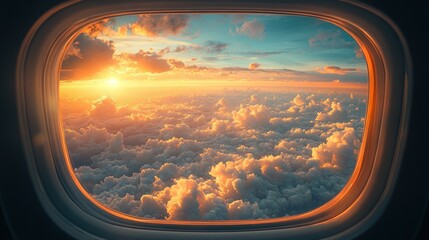 Wall Mural - Sunset view through an airplane window over fluffy clouds.