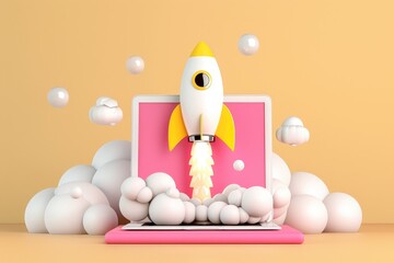 Rocket launching on yellow background, New Project, Start-up, Creativity, Big idea. Beautiful simple AI generated image