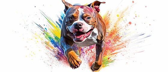 A Joyful American Bully dog runs covered in paint colorful Isolated on white background