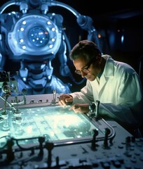 Canvas Print - A scientist works on a futuristic device. AI.