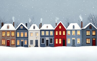 A picturesque row of colorful houses covered in snow, creating a charming winter scene with soft falling snowflakes.