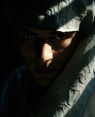 Poster - A close-up of a person's face, partially obscured by fabric. AI.