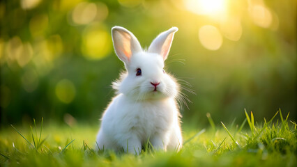 A fluffy white rabbit sitting in a field of green grass, rabbit, cute, furry, animal, fluffy, white, wildlife, adorable, hop, grass, green