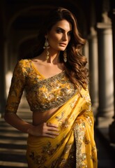 Canvas Print - A woman in a yellow embroidered saree stands in a hallway. AI.