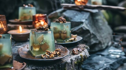 Wall Mural - On the surface of a cave jelly cubes pudding with nuts presented in pottery pots