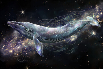 A mesmerizing digital depiction of a beautiful, ethereal whale gracefully swimming through the vast expanse of the universe, set against a backdrop of countless twinkling stars on a deep black canvas