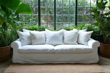 Wall Mural - Cozy White Sofa In A Sunroom With Large Windows And Lush Greenery, Perfect Place To Relax And Unwind