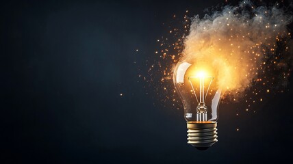 Wall Mural - a glowing light bulb emitting sparks and smoke, symbolizing creativity and innovation in a dark envi