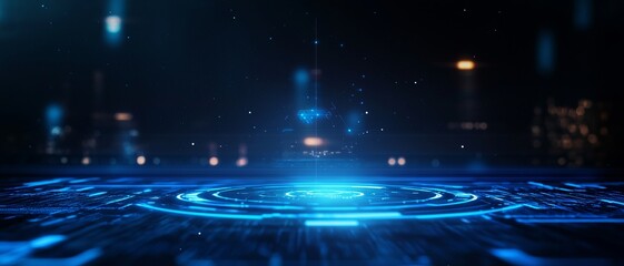 Futuristic digital interface with glowing blue elements and intricate patterns, ideal for technology and science fiction themes.
