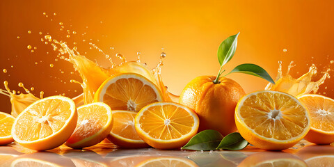 Orange fruits splashing with juice , vibrant, fresh, citrus, tropical, refreshment, healthy, organic, ripe, natural, juicy