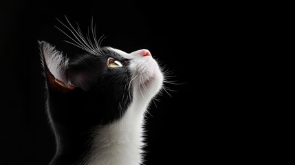 black white cat looking up simple modern on a plain black background. Clean and stylish design makes it perfect for a contemporary pet product catalog.