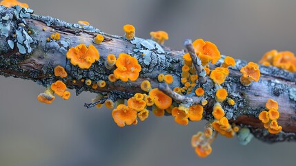 Wall Mural - Orange lichen growing in minute detail on a tree branch