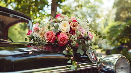 Wall Mural - A wedding flowers perches on a traditional wedding car