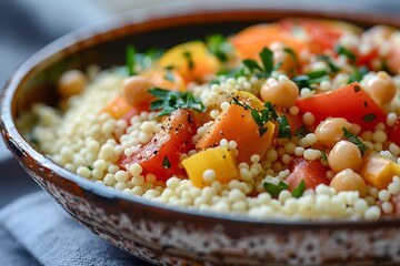 Wall Mural - A bowl of food on a table with tomatoes, orange vegetables, herbs, and a few beans