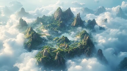 Aerial view of a mountainous island covered in clouds, with a lake in the center and a small village in the distance.