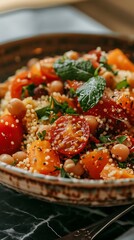 Wall Mural - A bowl of food on a table with tomatoes, orange vegetables, herbs, and a few beans